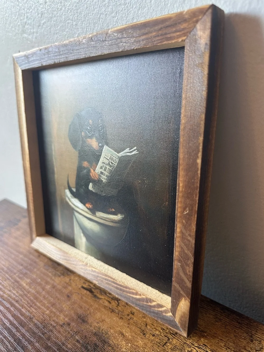 Framed Wooden Black & Brown Dachshund Reading Newspaper on Toilet Wall Decor NWT
